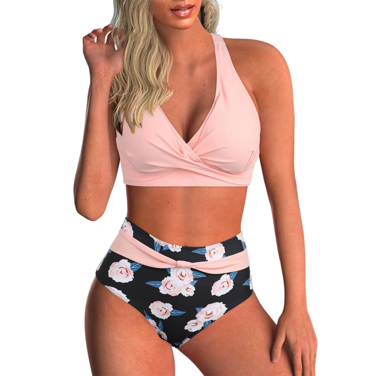 

Женский купальник с лямкой на бретельках и трусиками с высокой талией, разделенный купальник 2XL розовый