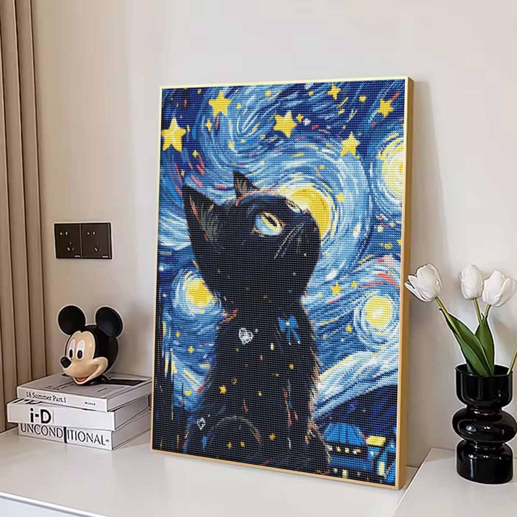 Black Cat Full Round Drill Diamond Painting Kit DIY Sparkle Art Canvas for Adults Relaxing Craft and Home Decoration Gift Idea Set