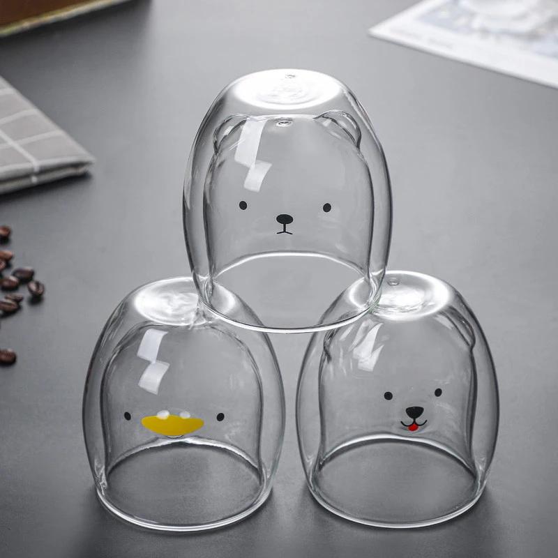 Double Wall Glass High Borosilicate Coffee Cup Heat Resistant Cute Animal Style Tea Mug Milk Juice Drink Glass for Friends Gifts