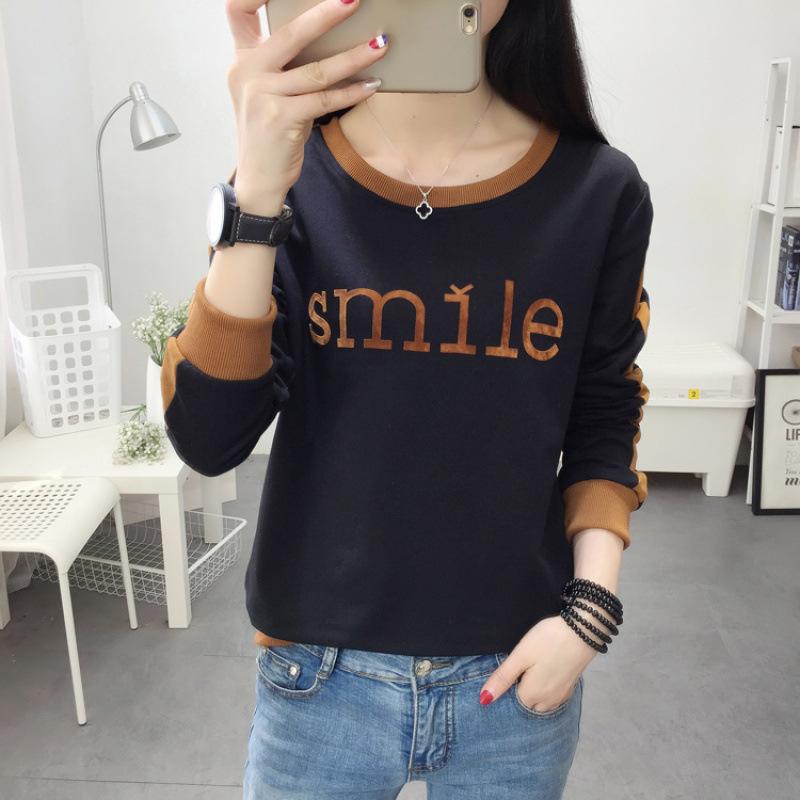 Spring Autumn Lady Loose Appear Thin Long Sleeved Thin Style Korean Round Neck Patchwork Contrasting Colors Insert All-match Tops