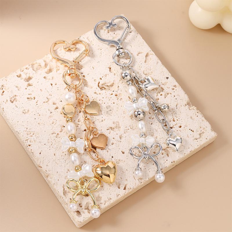 Cute Bowknot Love Heart Keychain Pearl Key Ring Pendants For Women Girls Handbag Decor Diy Handmade Key Chain Gifts