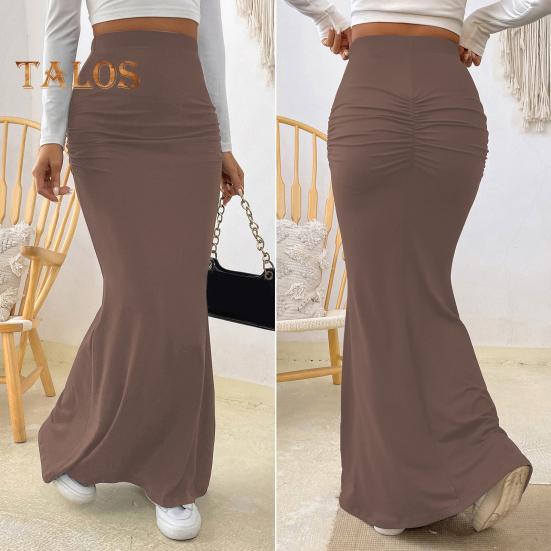 Women Maxi Skirt High Waist Solid Color Fishtail Skirt Slim Fit Hip Lifting Ankle Length Skirt Shirring Design Long Skirt