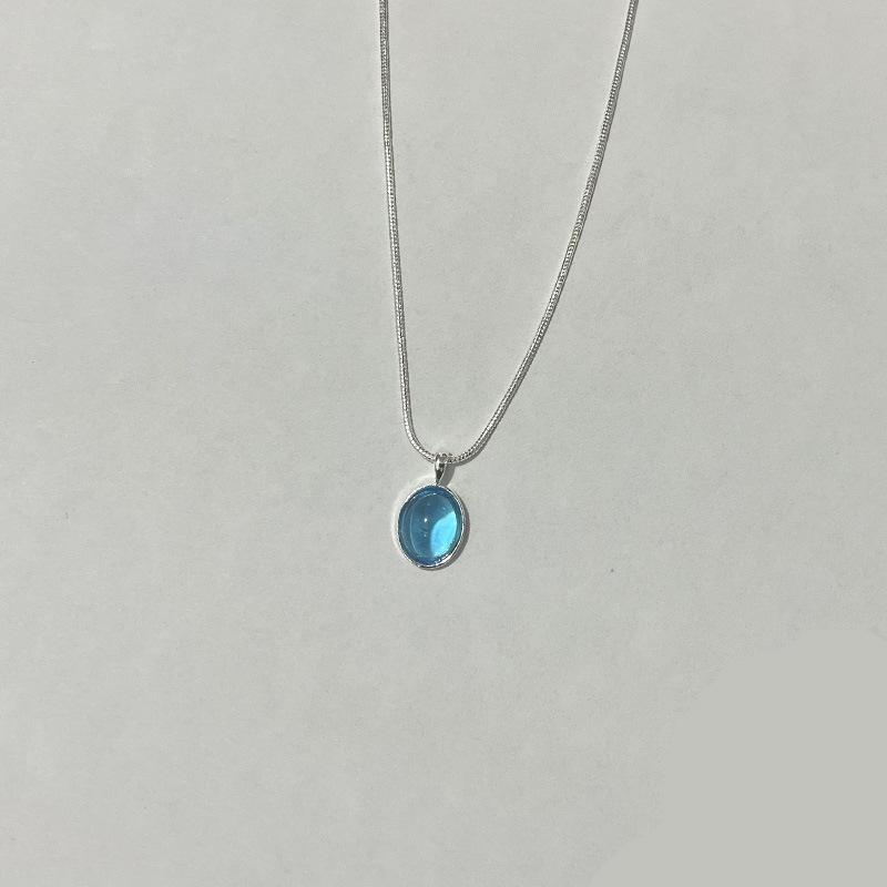 Oval Aquamarine Pendant Necklace Women Silver Color Blue Moonlight Stone Luxury Design Snake Chain Girls Fashion Jewelry Gift