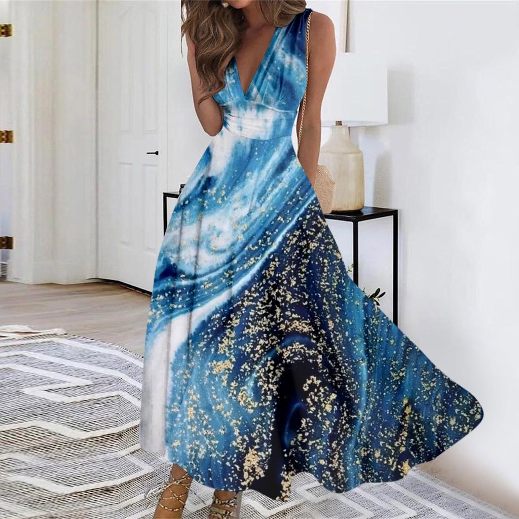 Damen Langes Kleid Maxikleid Freizeitkleid Sommer Casual Ärmellos V-Ausschnitt Boho Taille Bedrucktes Kleid