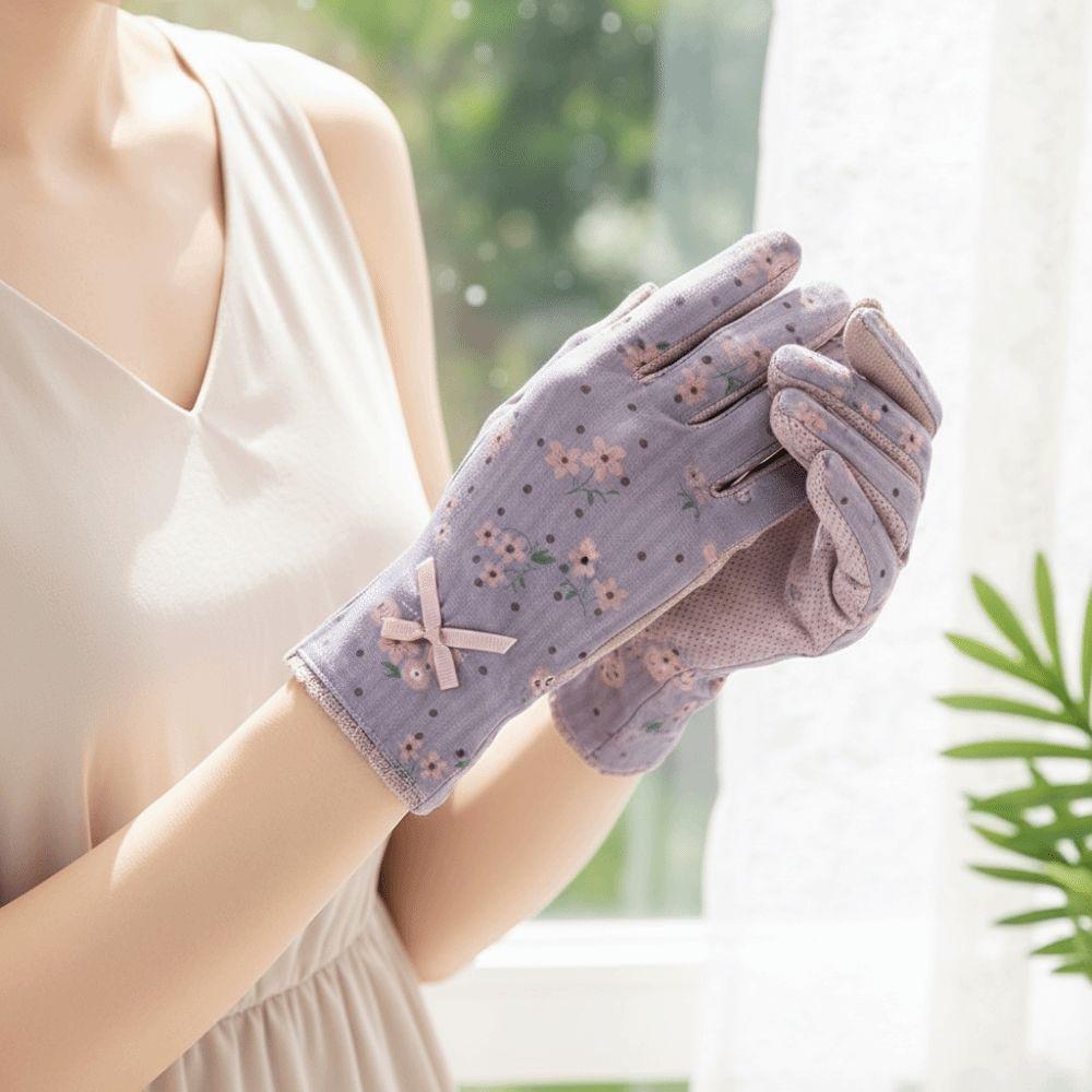 1 Pair Breathable Sunscreen Gloves Quick Dry Silicone Anti Slip Lace Mesh Gloves Floral Printed Thin Summer Driving Mittens
