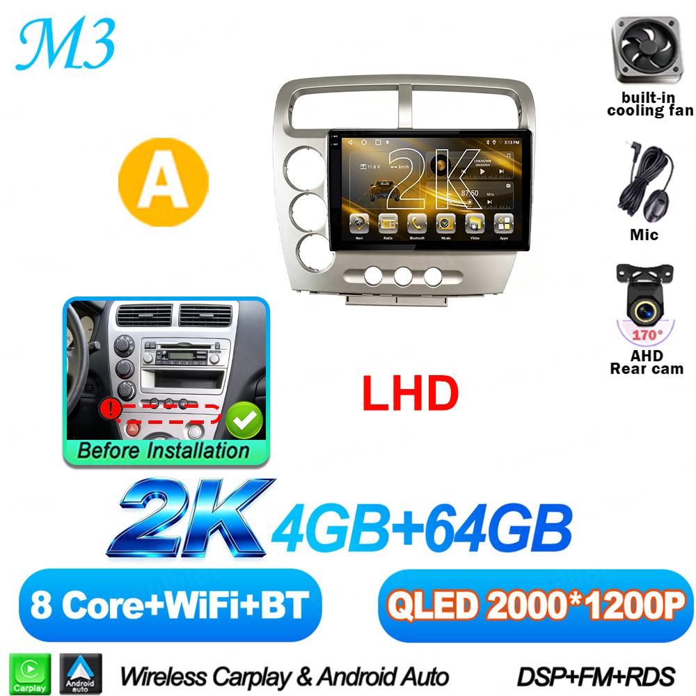 Android 16 For HONDA Civic EP3 2000-2005 Car Radio Stereo Head Unit Multimedia Video Player GPS Navigation 2K QLED 9 Inch 8 Core