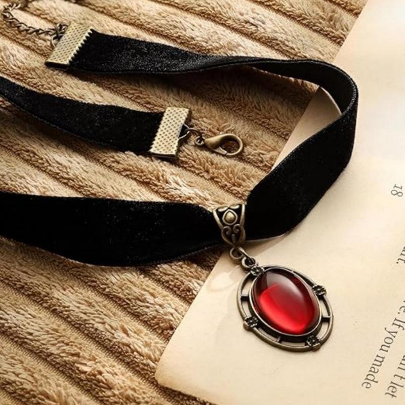 Cherry Red Gem Velvet Gothic Necklace Jewelry