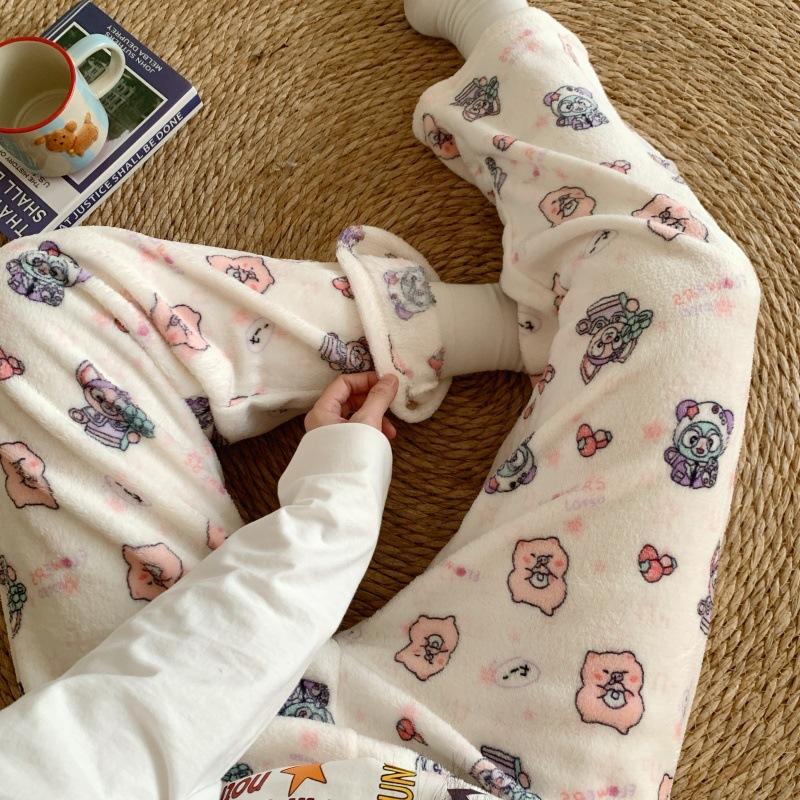 Cartoon Flannel Pajama Pants for Women - Winter Warm Fleece Lounge Pants, Coral Velvet Sleepwear Bottoms for Students, Cozy Home & Outdoor Wear