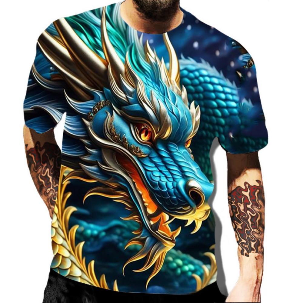 Summer Round Neck 3D Dragon Series Print Top Fashionable Casual Short Sleeved Men's T-shirts