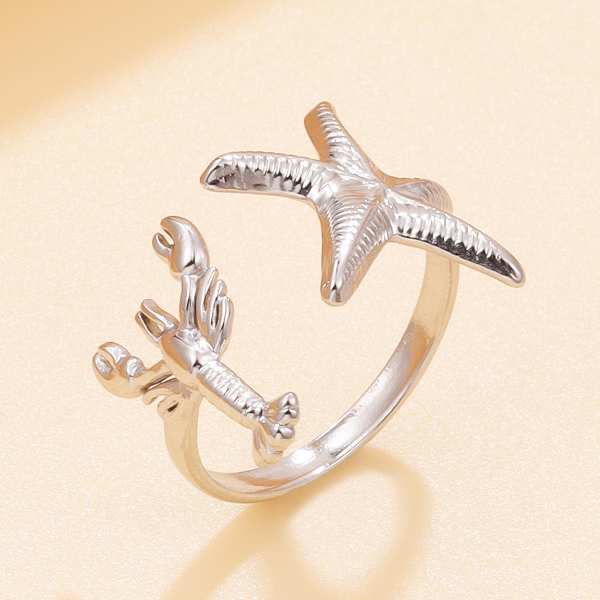 Cross-Border Resort Style Starfish & Lobster Stainless Steel Ring Plated in 18K Gold