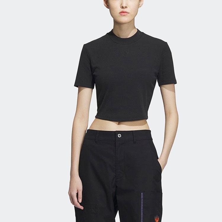 Adidas Originals Adiclub Crop Top with Logo Embroidery, Ribbed Knit, Round Neck, Short Sleeve Women Tops Black IP1788