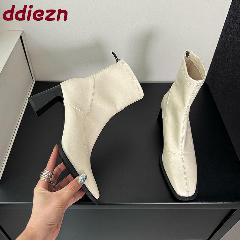 Fashion Female 6CM Heels Footwear Ladies Ankle Modern Boots Square Toe Fashion Zippers Women Stretch Short Boots Pumps Shoes New