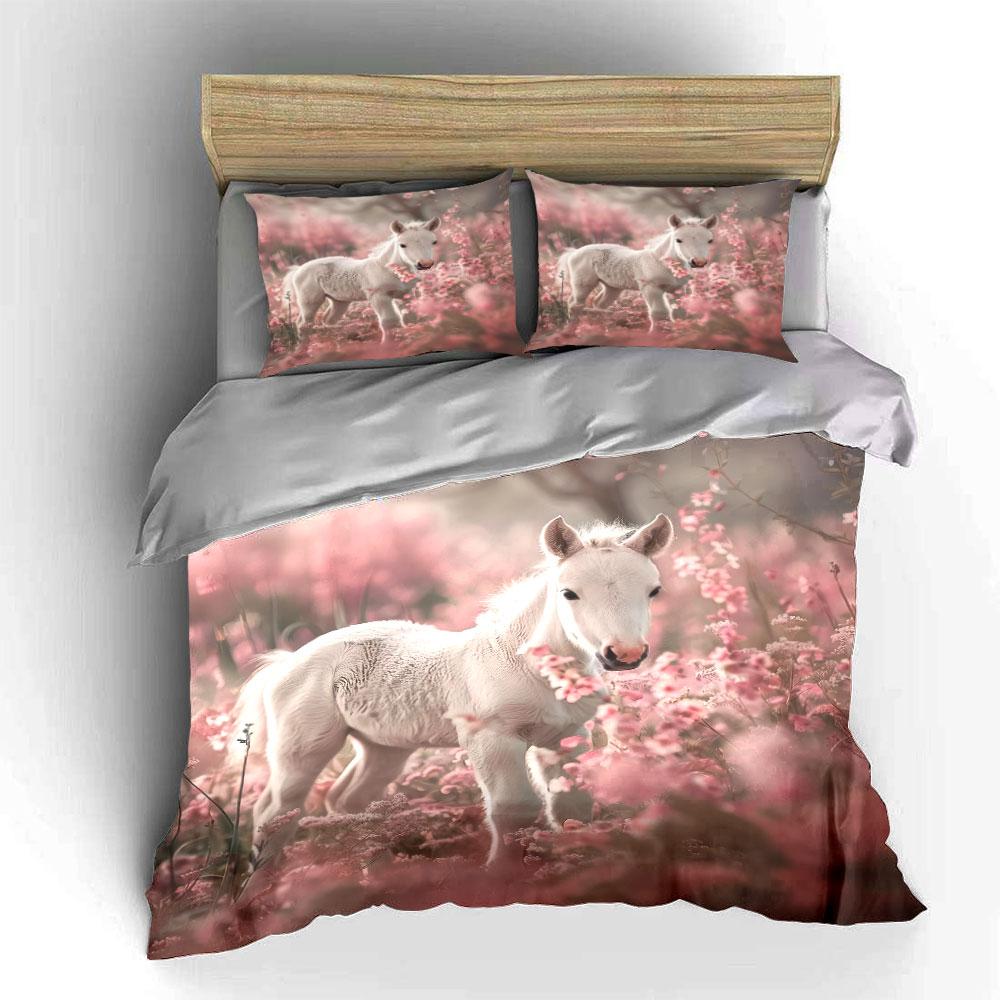 White Horse Floral Art Set For Decor Soft Comfortable Duvet Cover Bedding Set Included 1*Duvet Cover & 2*Pillowcases, Gift