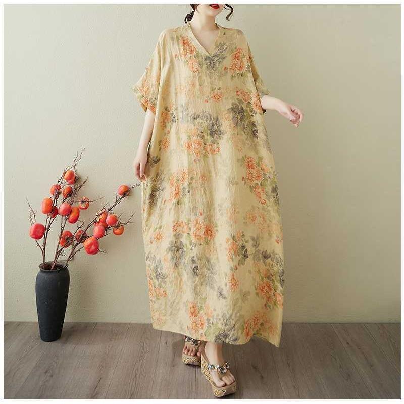 Kvinners Vintage Lang Kjole med Bomulls- og Linputter