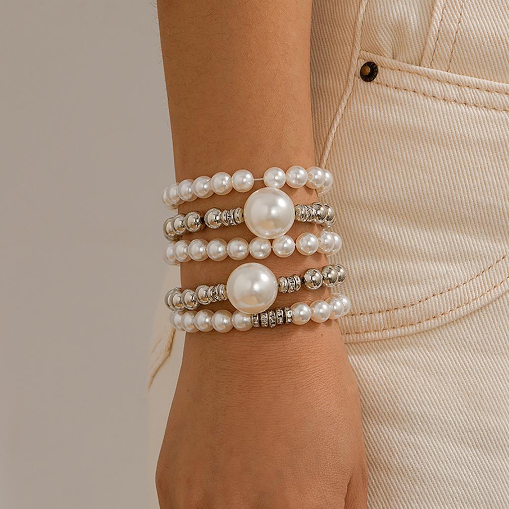 European and American exaggerated pearl stacked bracelet set, temperament large round bead beaded micro-inlaid Bracelet jewelry