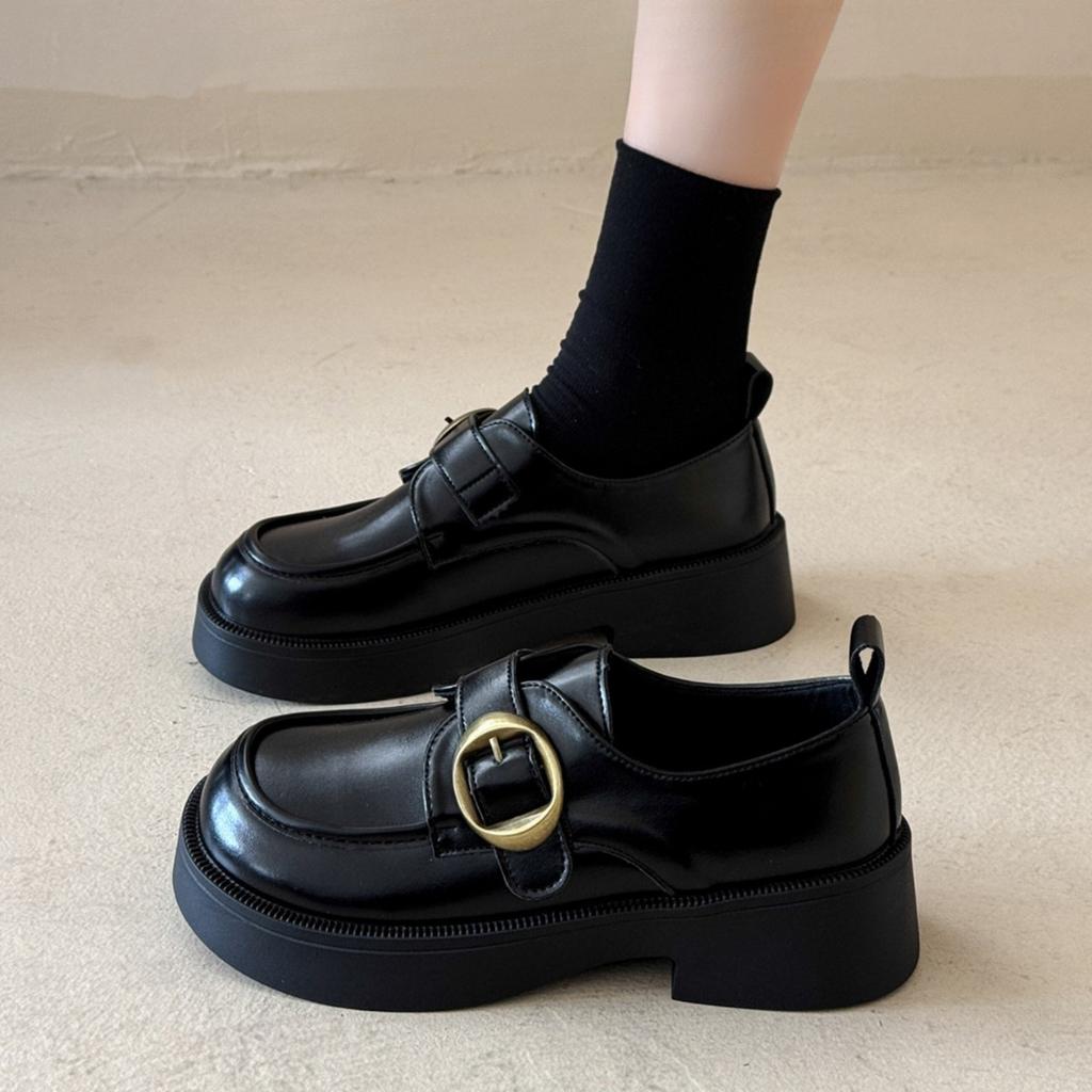 [Uncle Shoe] New platform loafers women's British style small leather shoes autumn one-pedal women's shoes black single shoes