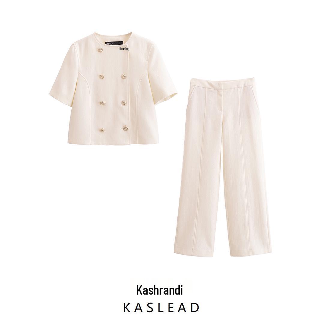 

2025 Spring Women s European & American Style Double-Breasted Top with Long Pants Small