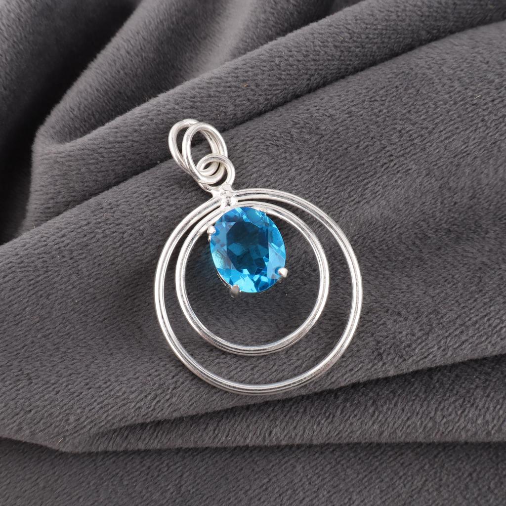 Swiss Blue Topaz Gemstone Pendant, 925 Solid Sterling Silver Pendant Jewelry Handmade Pendant, Silver Jewelry For Gift