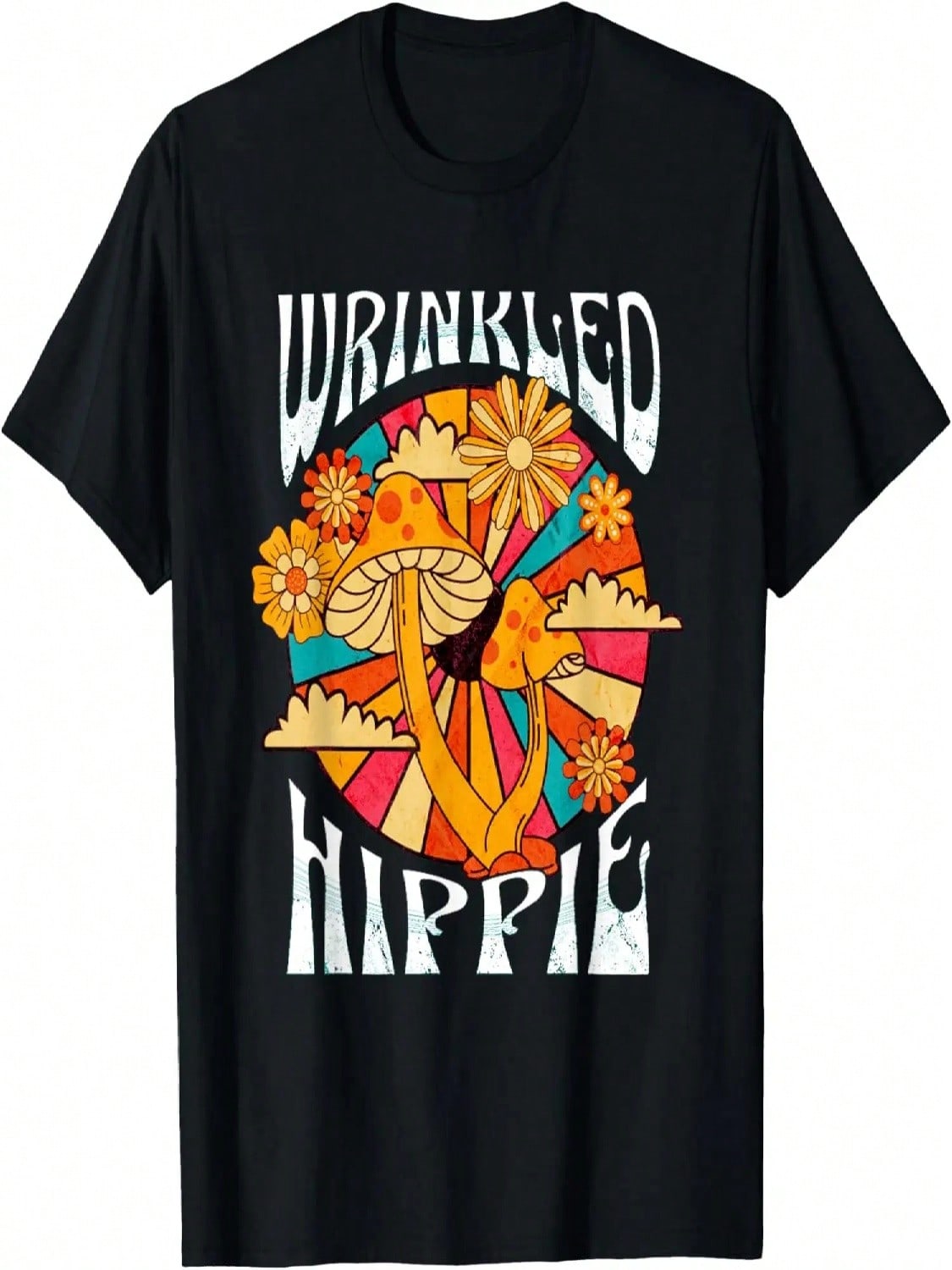 Wrinkled Hippie Retro 60 s 70 s Mushroom Flowers Hippie T-Shirt S разноцветный