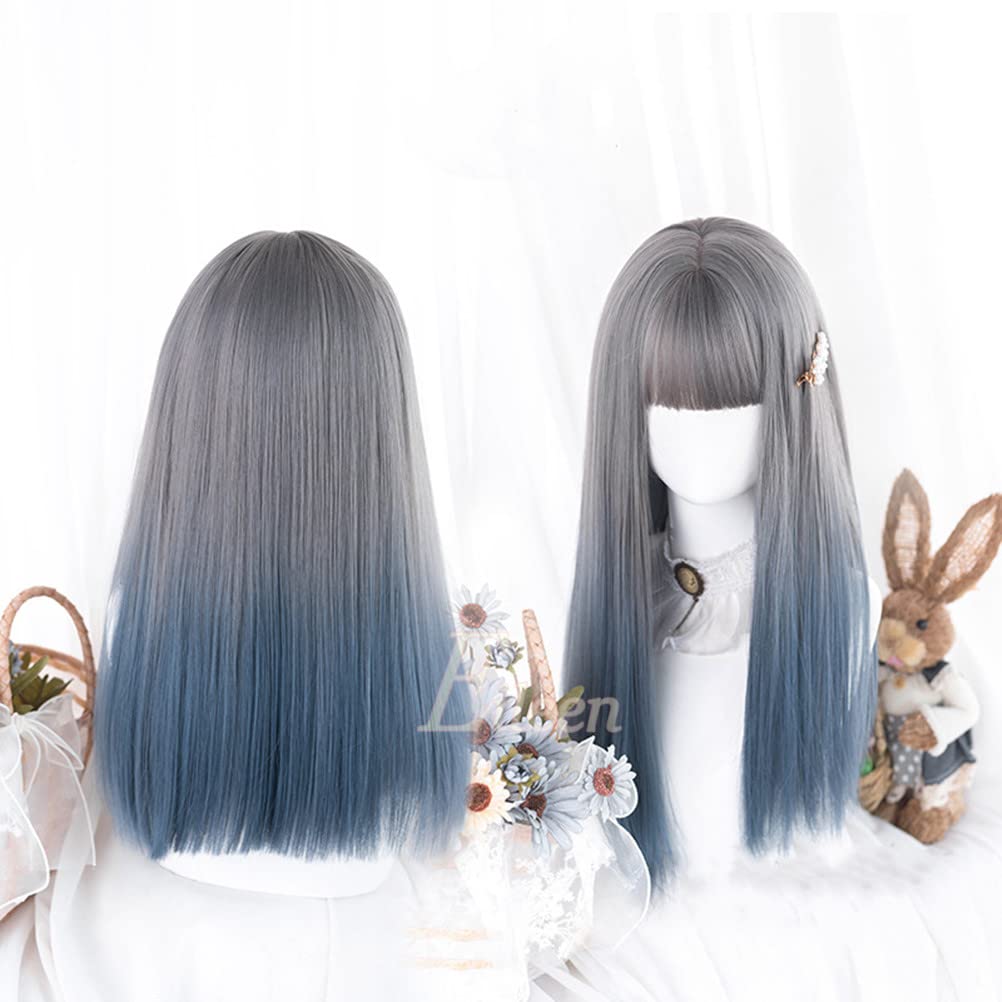 Eileen Blue Gray Medium Long Full Wig Wig Straight Natural Harajuku Style Popular Small Face Effect Cute Medical Women's