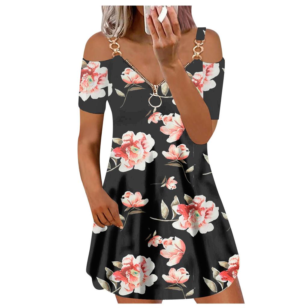 Women's V Neck Short Sleeve Printed Zip Off-shoulder Dress Casual Dress Commuting Dress