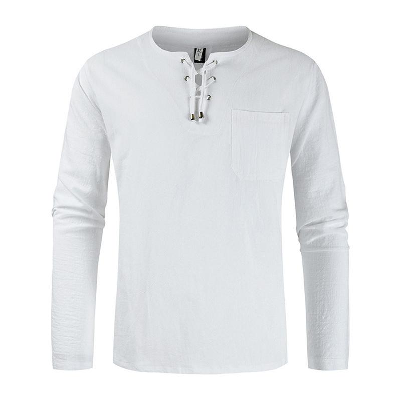 Mens Long Sleeve Cotton Linen Blouse Loose Henley V-Neck Tops T Shirts Blouse