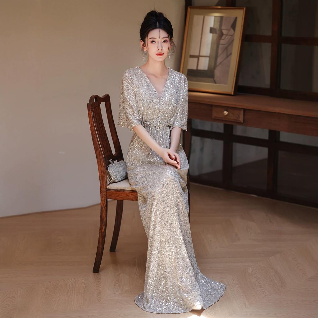 Silver Sequined Evening Dress Women's Light Luxury Niche Temperament Long Banquet Host Engagement Fishtail Dress
