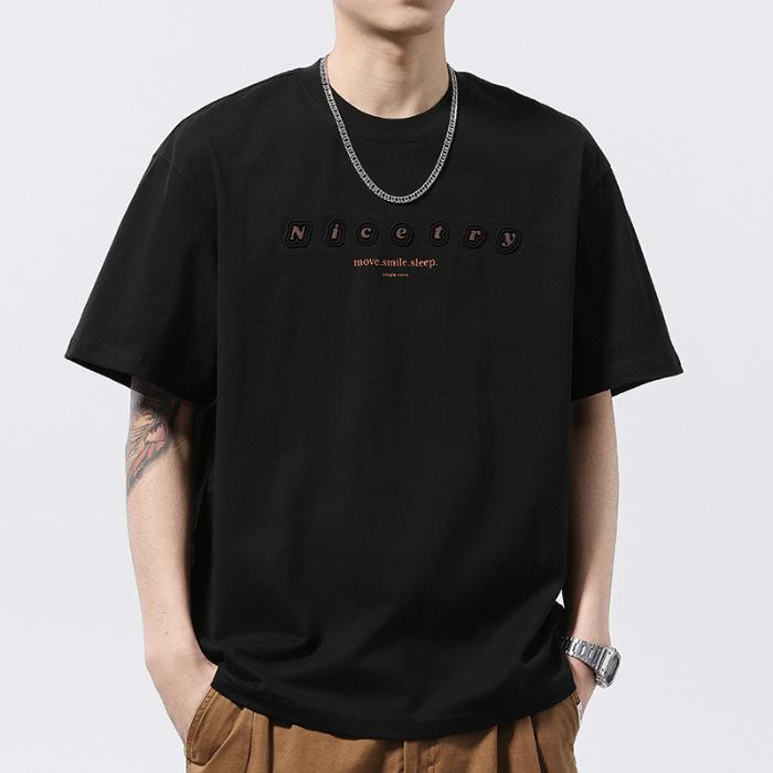 

Летняя Свободная Футболка с Коротким Рукавом Мужская Дизайнерская Ретро Вышивка Английскими Буквами Чистый Хлопок Топ с Рукавом до Локтя Модная Рубашка S чёрный