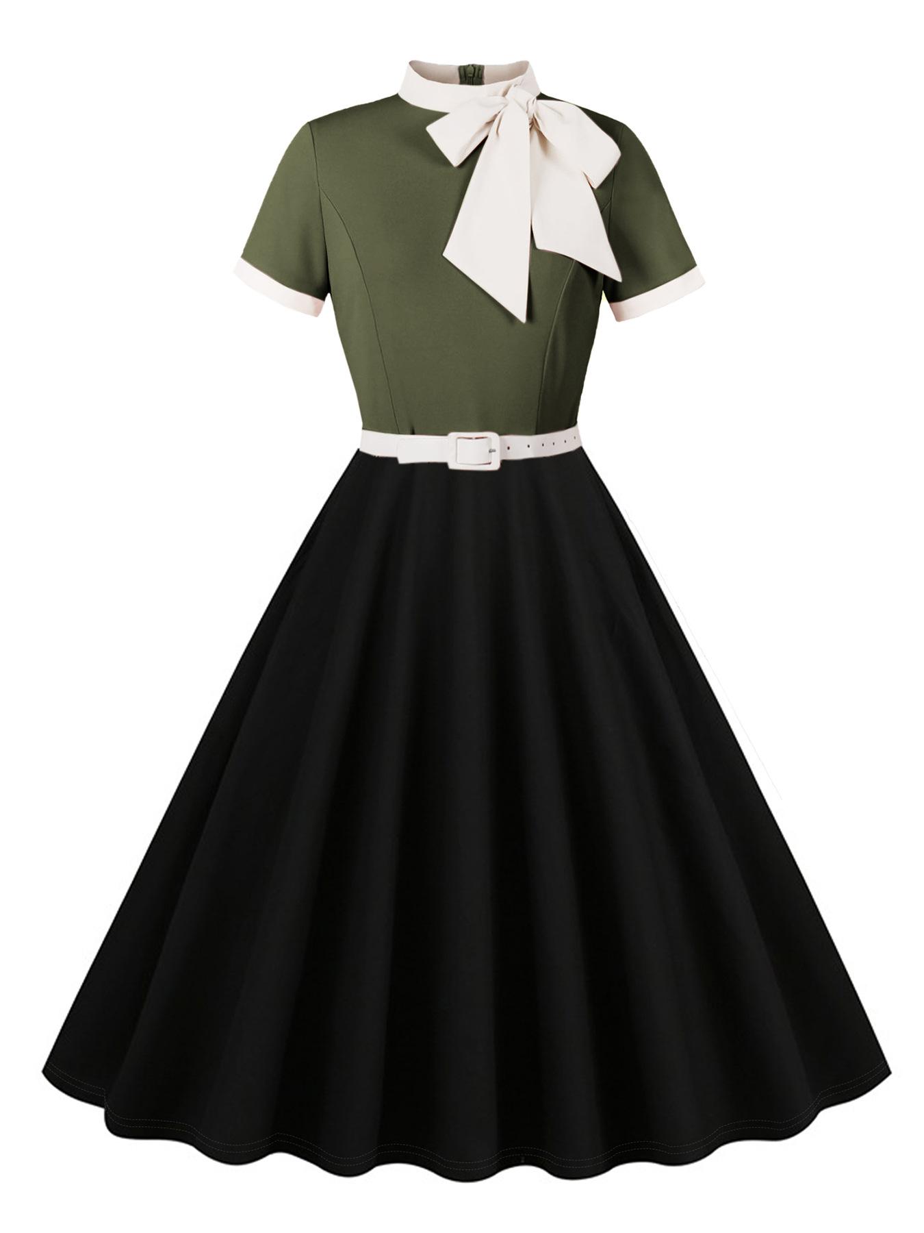 Women s Fashionable Short-Sleeve Bow-Detail Fitted Patchwork Elegant Dress For Summer L