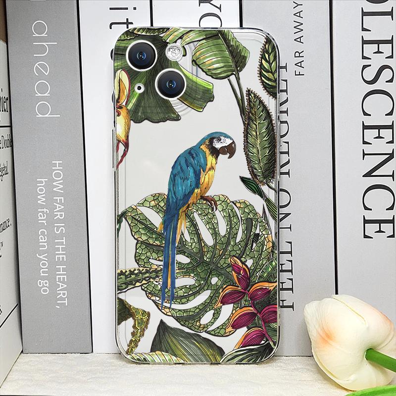 Cartoon Monstera Leaves Palm Tree Flowers Bird Phone Case for iPhone 17 16 15 14 11 12 13 Pro Max Mini 7 Plus X XS XR Soft Cover