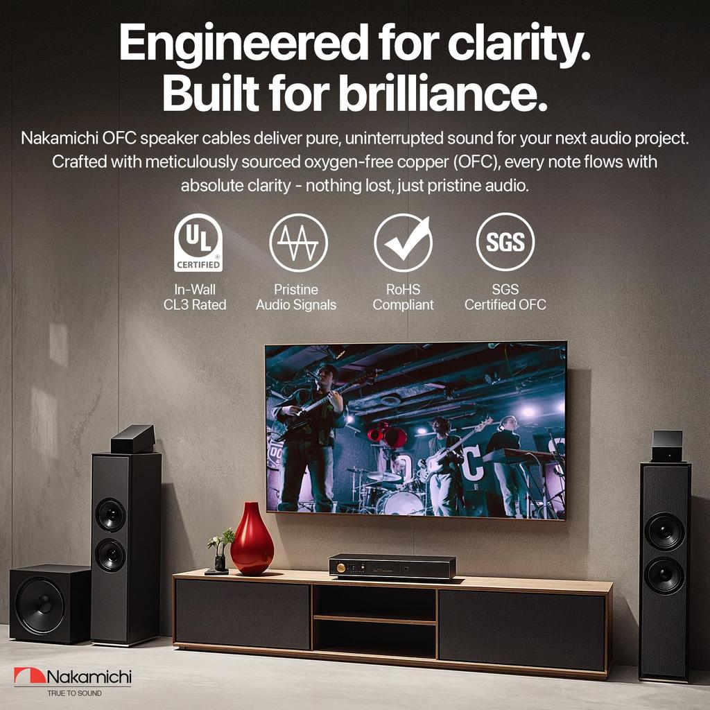 Nakamichi højttalerkabel OFC egnet til indendørs loft og udendørs direkte PVC audio sort 2-leder kabel, iltfrit kobber, CL2/CL3 kompatibel, ledningsføring,