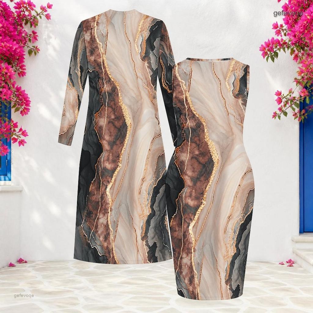 Women Plus Size Two Piece Set Long Sleeve Open Front Cardigan Sleeveless Crew Neck Bodycon Printed Dress
