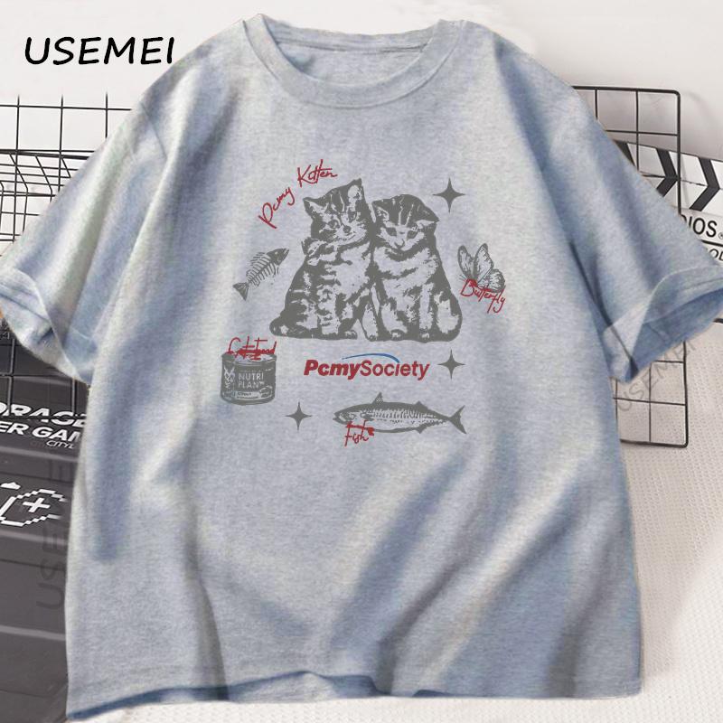 Funny Vintage Cat Fish Graphic T Shirt Harajuku Cotton Short Sleeve Loose Tshirt Summer Unisex Unisex High Quality O Neck Clothes