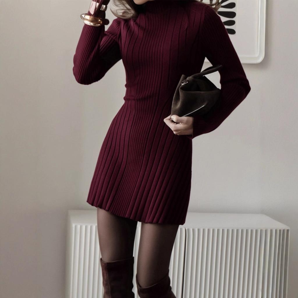 Ribbed High Neck Brown Knit Bodycon Mini Dress