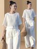 Elegant Fashionable Linen Wide Leg Pants Set Women's Summer New Design Unique Two Piece Suit Casual Commute Style Round Neck