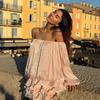 Women's Off Shoulder Puff Sleeve Mini Dress Slim Fit Tiered Ruffle Short Dresses