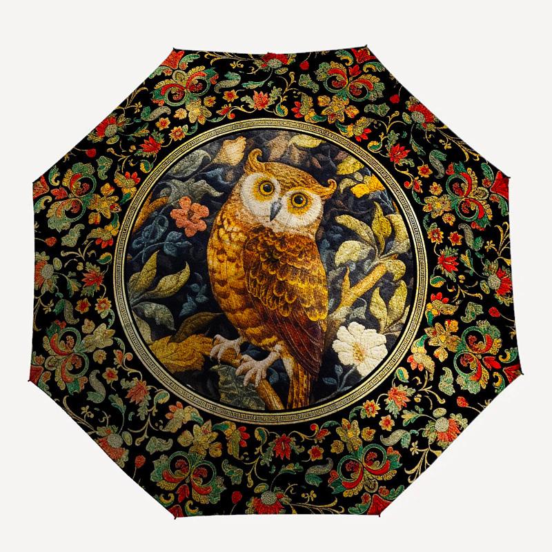 Owl, TapestryThemed Automatic Opening and Closing Umbrella 8 Ribs, Suitable for Leisure and Going Out, Outdoor Accessory, Gothic Style, Fa