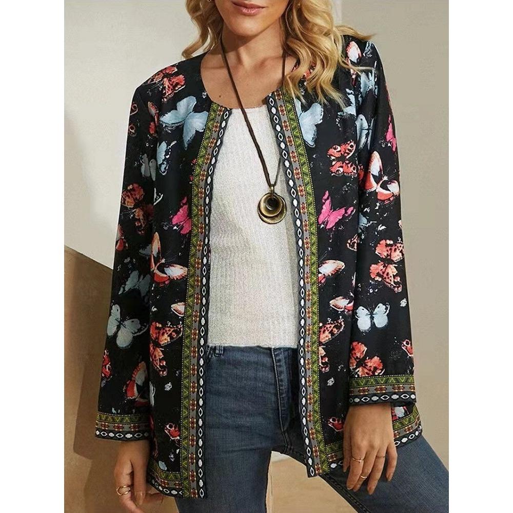 GMXIA Herbst Winter Vintage Ethnischer Stil Druck Übergröße Jacke Strickjacke Damenbekleidung