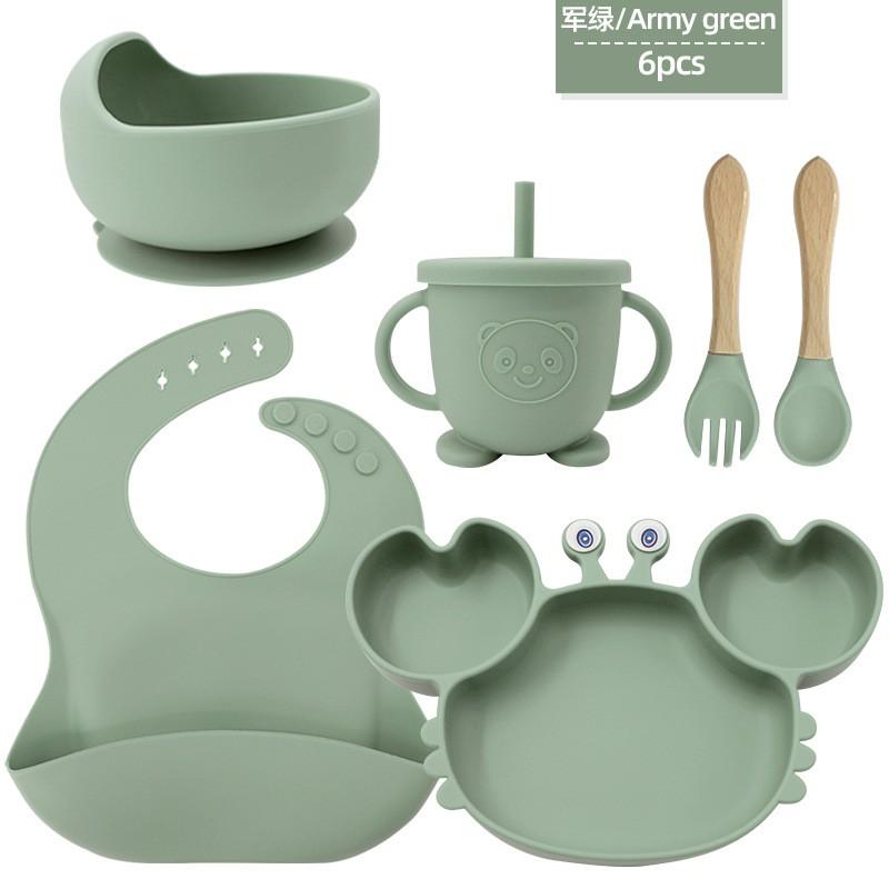 Silicone Dinner Plate Set Baby Children Learning To And Drink Feeding Tableware Baby 6pcs  Crab Compartment Food Bowl