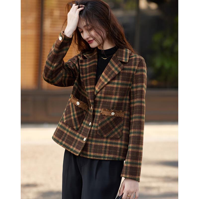 Sishui Nianhua Women's Elegant Plaid Short Wool Blend Coat
