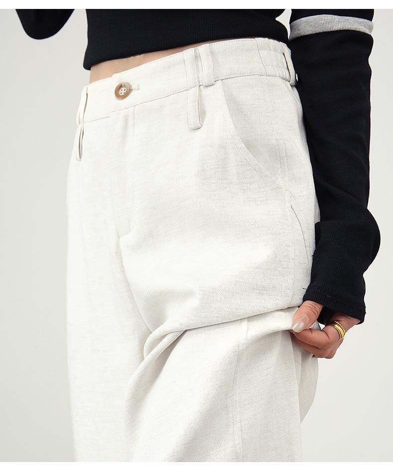 White Linen Loose-Fit Old Money Style Women’s Elastic Waist Wide-Leg Trousers, Casual Spring 2026 Collection