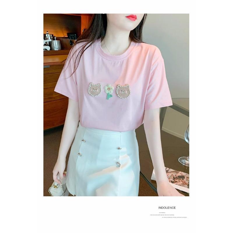 Bear White Cotton Short-sleeved T-shirt for Women Summer New Pearl Design Niche Unique Top