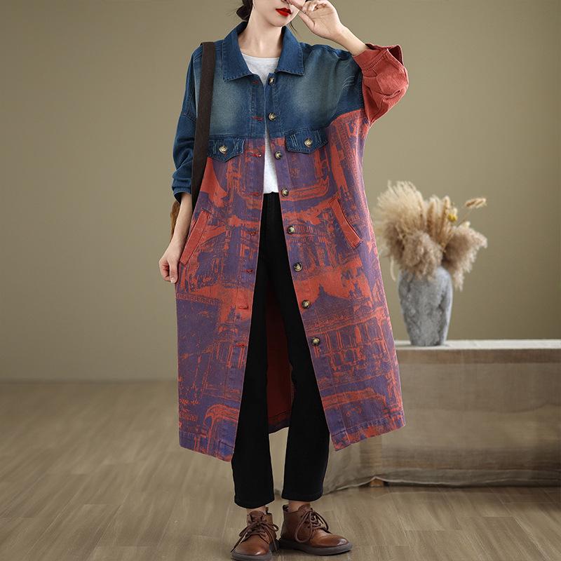 2024 Vintage Tie-Dye Patchwork Denim Trench Coat