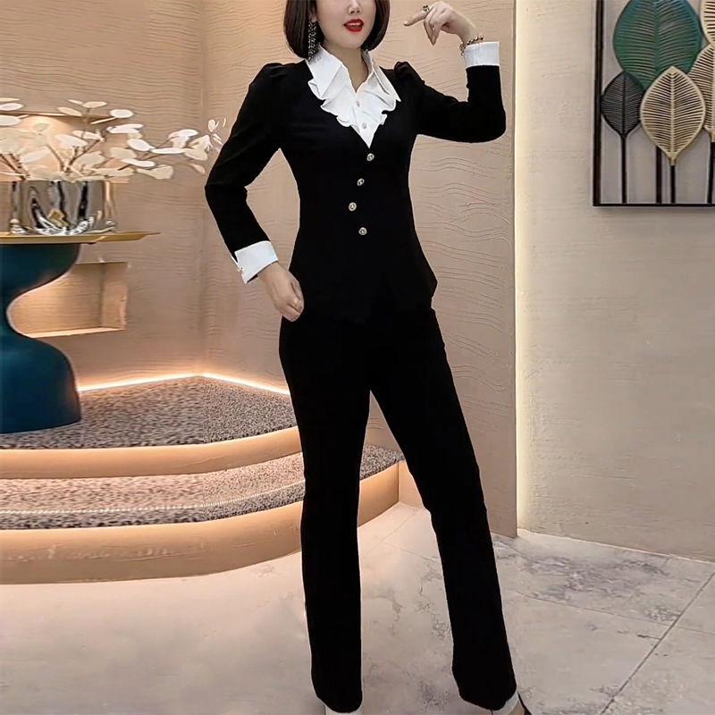 

Трендовый весенний облегающий комплект-двойка с оборками на воротнике, 2025: Топ с длинным рукавом и повседневные брюки 3XL for 135-145 lbs