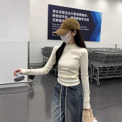 Vintage Front Shoulder Top Women's Spring Design Pleated Card Waist Shirt Semi-turtleneck Inner Bottoming Shirt