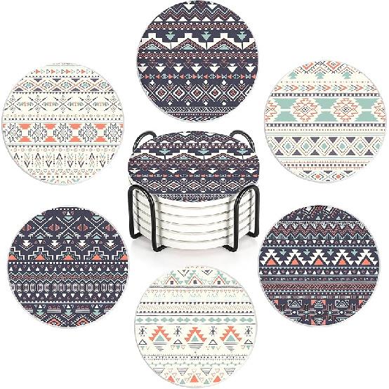 Drink Coasters with Holder,6 Pcs Moon Phases Absorbent Ceramic Coasters with Cork Base,Cute Funny Table Drinks Coasters,Table Home Decor,4 Inches