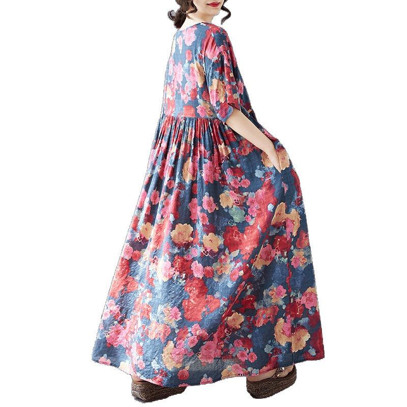 Summer New Simple Bohemian Long Dress Fattened and Enlarged Short-sleeved Crew Neck Printed Dress Women's Clothing