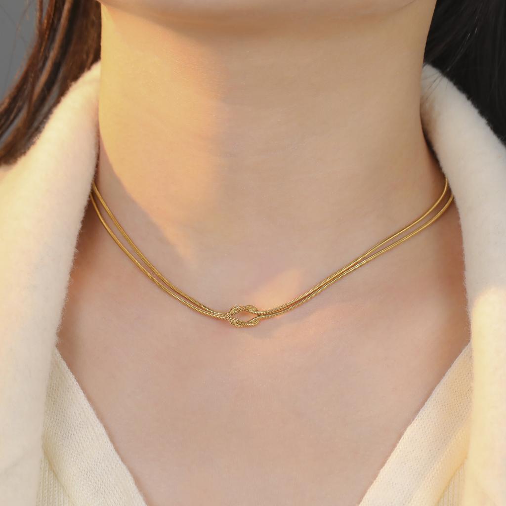 Cazador Trendy Double Snake Chain Necklace Women Stainless Steel Love Knot Clavicle Chain Choker Gold Color Jewelry Gift 2026