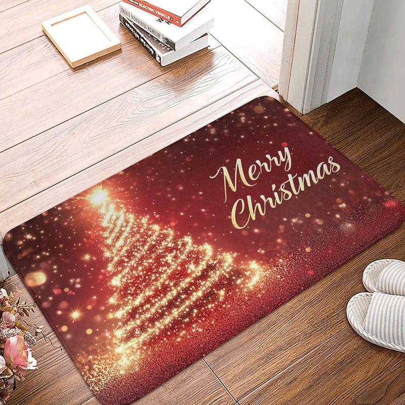 Christmas Entry Mat Burgundy Golden Light Snowflake Bokeh Print Durable Rug For Front Door Hallway Bedroom Home Decor