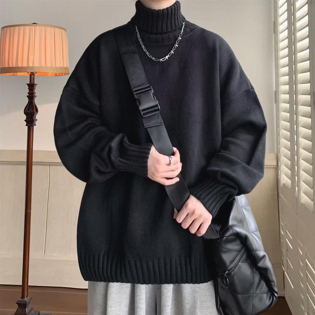 Men's White High-Neck Sweater - Cozy Oversized Knit Autumn/Winter Pullover Base Layer
